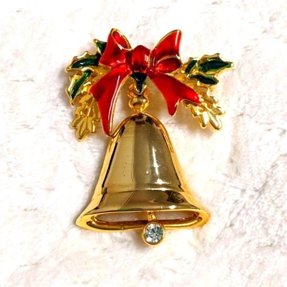 Vintage 1980's Goldtone Holiday Bell with Red Ribbon Brooche - Picture 1 of 8